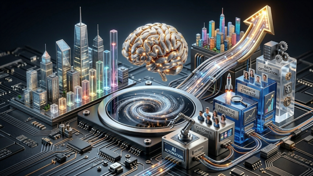 A hyper-realistic 3D visualization of a glowing digital brain atop a futuristic circuit board city, featuring ascending growth charts, data optimization blocks, and neural networks representing AI marketing strategy